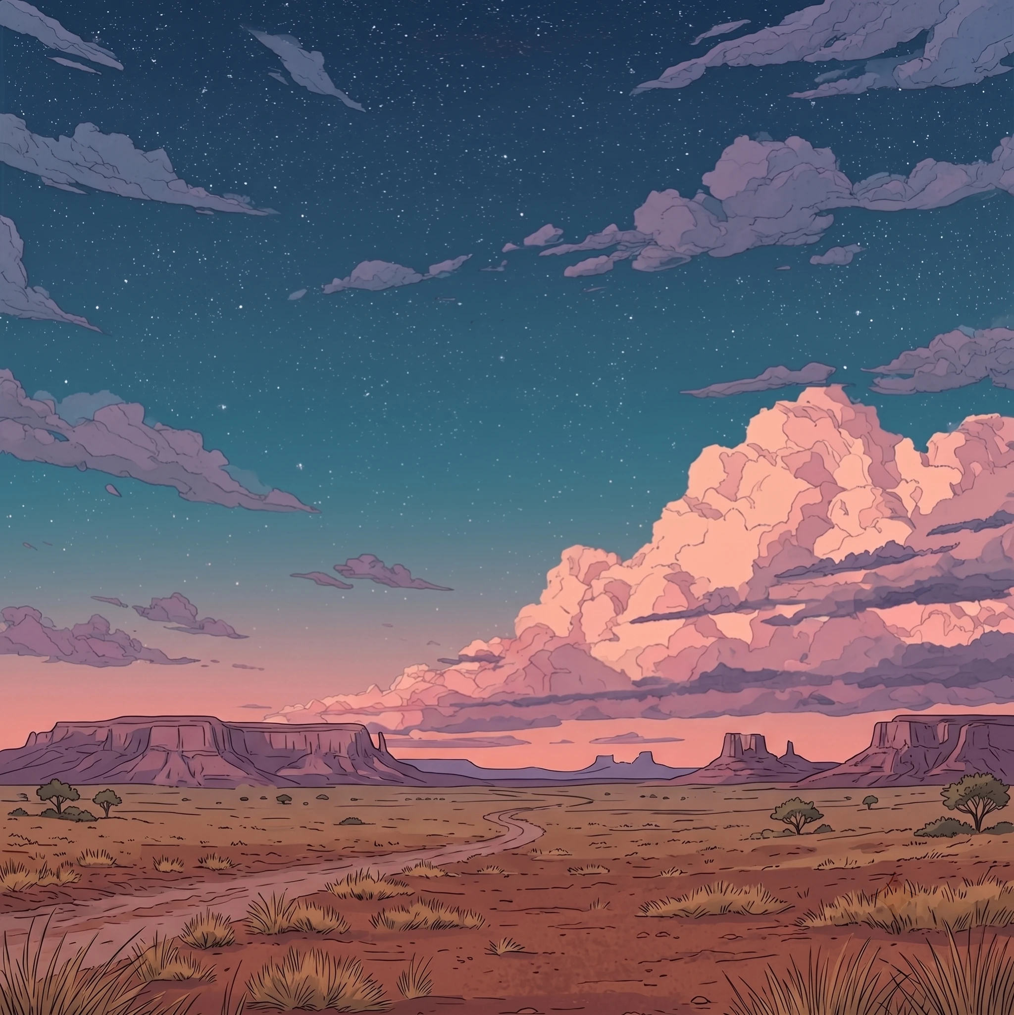Illustrated desert landscape beneath a star-filled sky and coral clouds